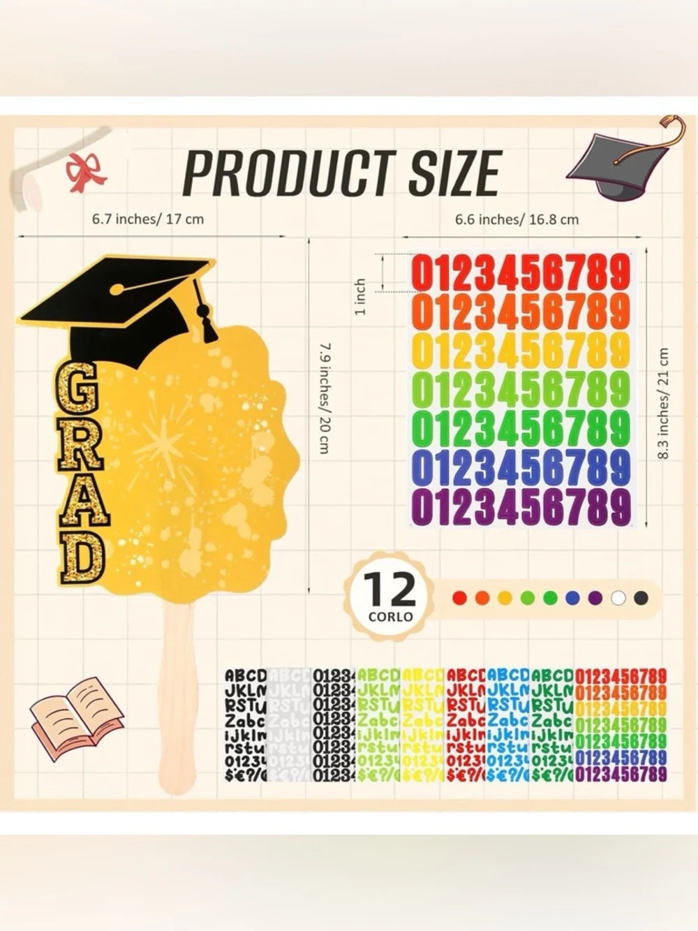 12 Pcs Graduation DIY Paper Fans Handheld Set Grad Face Fans w/ Number Alphabet